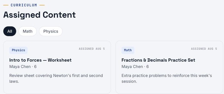 Assigned content cards filtered by subject