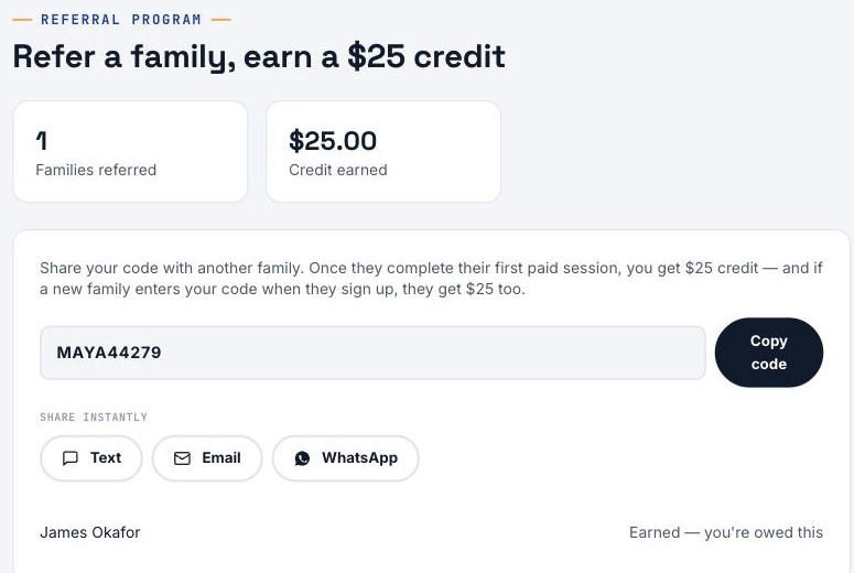 Referral program page with a shareable code and credit tracker